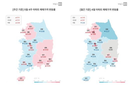 5월 넷째 주 전국 아파트 매매가격 변동률. 부동산R114 제공