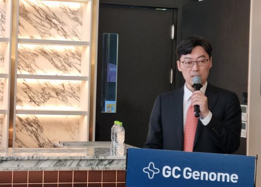 기창석 GC지놈 대표가 23일 서울 여의도 콘래드호텔에서 열린 IPO기자간담회에서 회사의 발전 방향에 대해 소개하고 있다. 사진=강중모 기자