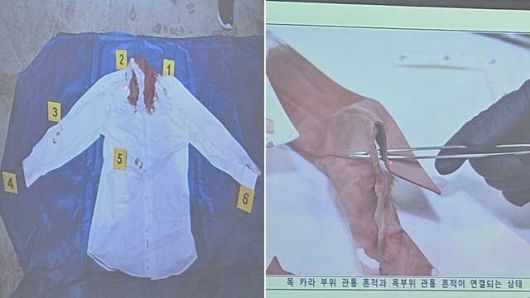 김문수 국민의힘 후보는 23일 열린 대선후보 TV토론에서 이재명 후보의 피습 사건때 헬기 이송 문제를 끄집어 냈다. 피습당시에 이 후보가 입었던 와이셔츠에 혈흔이 묻어 있다. 옷깃 부분에 길이 1.5cm, 내부 옷감에 길이 1.2cm 크기의 구멍이 뚫렸다. 국회 제공