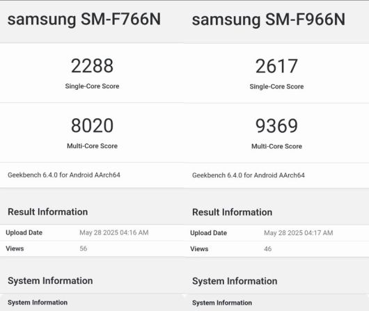 갤럭시 Z 플립 7(SM-F766N)과 갤럭시 Z 폴드 7(SM-966N)의 긱벤치 6 실험결과