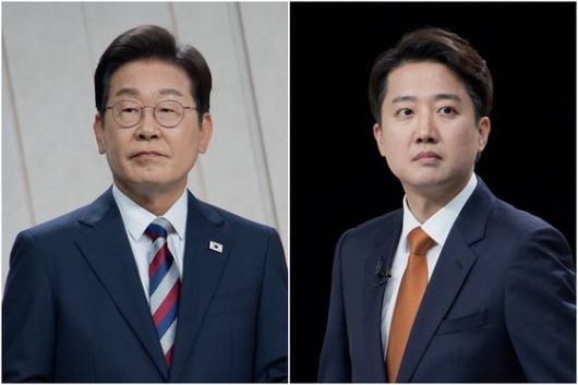 더불어민주당 이재명(왼쪽)·개혁신당 이준석 대선 후보가 27일 서울 마포구 상암동 MBC 스튜디오에서 진행된 정치 분야 TV토론회를 준비하고 있다. 국회사진기자단