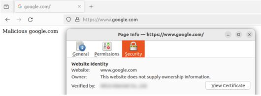 유출된 KSA의 사설 RootCA 비밀키를 이용해 피싱 사이트에 google.com 도메인을 위조해 TLS 인증서를 생성한 사례. 브라우저는 이를 ‘신뢰된 연결’로 표시하고 있어 사용자가 실제와 구분하기 어렵다는 설명이다. KAIST 제공