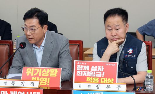 최저임금위원회 사용자위원인 류기정 한국경영자총협회 총괄전무(왼쪽)가 10일 정부세종청사에서 열린 최저임금위원회 제4차 전원회의에서 인사말을 하고 있다. 연합뉴스