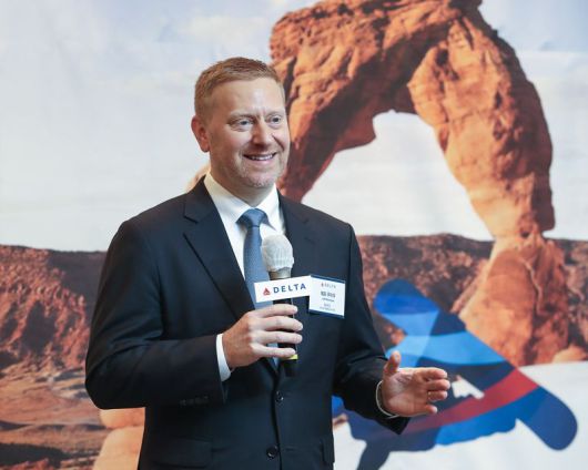 제프 무마우 델타항공 아시아 태평양 부사장이 12일 오전 코트야드 바이 메리어트 남대문 서울에서 열린 기자간담회에서 발언을 하고 있다. 델타항공 제공