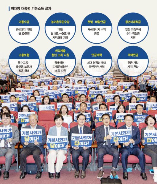 박주민 더불어민주당 기본사회위원회 수석부위원장(맨 앞줄 오른쪽 세번째)을 비롯한 참석자들이 지난 4월 11일 오후 서울 여의도 국회 의원회관에서 열린 민주당 서울 기본사회위원회 발대식에서 피켓을 들고 구호를 외치고 있다. 뉴스1