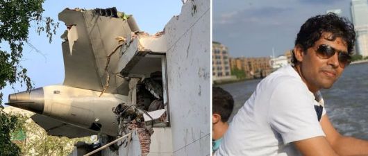 12일 오후 인도 서부 구자라트주 아메다바드의 공항에서 이륙 직후 추락한 에어인디아 AI171의 꼬리 날개 부분이 부서진 건물 잔해에 걸쳐 있다(왼쪽). 이번 사고로 숨진 마누바이 파톨리아(36). 출처=인디아투데이 갈무리, AFP연합뉴스