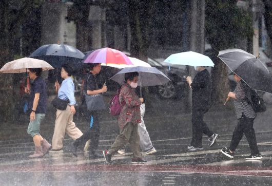 대구 수성구 달구벌대로에 많은 비가 쏟아지자 시민들이 우산을 펼쳐 비를 피하며 길을 건너고 있다. 뉴스1