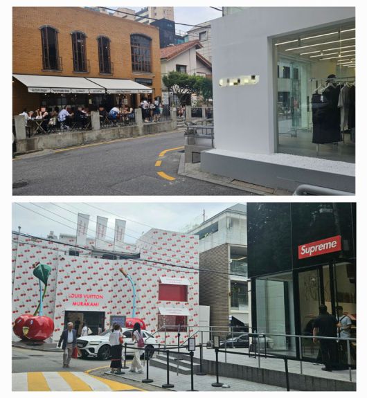 압구정 카페골목에 위치한 베이글 카페 앞과 옆으로 버켄스탁 등 의류 매장이 들어섰다(위). 루이비통은 MZ세대를 겨냥해 무라카미 다카시와 콜라보한 리뉴얼 매장을 선보이고 있다(아래). 사진=최가영 기자