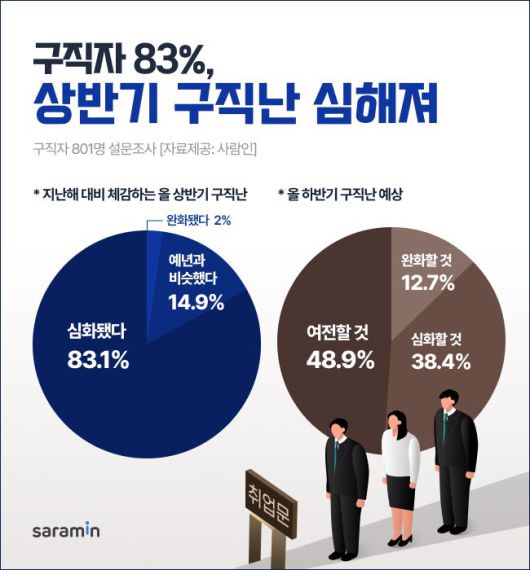 사람인이 구직자 801명을 대상으로 조사한 '올 상반기 체감 구직난' 설문 결과. 사람인 제공