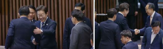 이재명 대통령이 26일 서울 여의도 국회에서 추가경정예산안 시정연설을 마친 뒤 국민의힘 권성동 의원(왼쪽), 추경호 의원 등과 아야기를 나누고 있다. /사진=국회방송 캡처