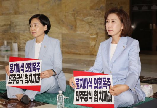 로텐더홀 앞 농성하는 나경원, 서명옥 의원 (서울=연합뉴스) 박동주 기자 = 국민의힘 나경원(오른쪽), 서명옥 의원이 27일 국회 로텐더홀에서 김민석 국무총리 후보자의 지명 철회, 법제사법위원장 반환을 촉구하며 농성을 하고 있다. 2025.6.27 pdj6635@yna.co.kr (끝)