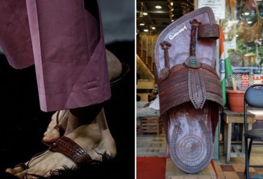 지난달 프라다 패션쇼에서 남자 모델이 신은 샌들(왼쪽), 인도 뉴델리의 한 매장 앞 놓인 인도 전통 수제 가죽 신발 '콜라푸리 차팔'/사진=연합뉴스, 서울신문