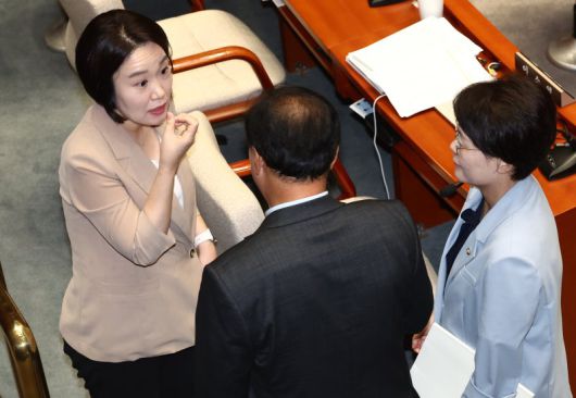 이소영 더불어민주당 예결위원회 간사가 1일 오전 서울 여의도 국회에서 열린 제426회국회(임시회) 예산결산특별위원회 제2차 전체회의에서 동료 의원들과 대화하고 있다. 뉴스1