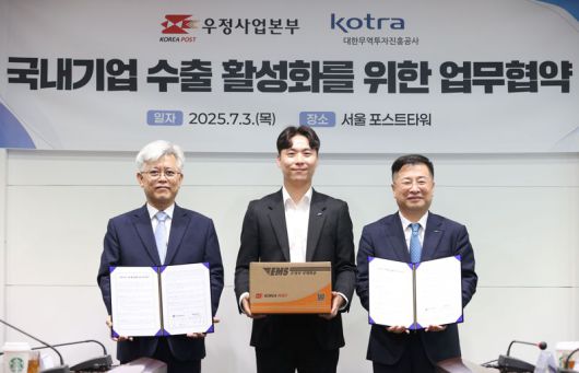 대한무역투자진흥공사(코트라)와 우정사업본부는 3일 국내기업의 수출 확대를 위한 업무협약을 체결, 이번 협약을 통해 국제우편 서비스 요금을 할인하고, 수출 물류 지원을 강화해 중소기업의 해외진출을 뒷받침하기로 했다. 왼쪽부터 강경성 코트라 사장, 김덕현 이든팜 대표, 조해근 우정사업본부 본부장이 업무협약 체결 후 기념촬영을 하고 있다. 사진=코트라 제공