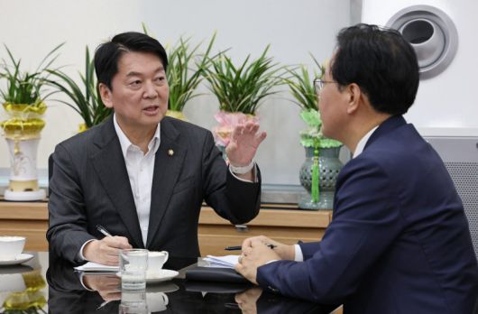 국민의힘 송언석 비상대책위원장 겸 원내대표(오른쪽)와 안철수 의원이 지난 2일 오후 서울 여의도 국회 본청 원내대표실에서 회동하고 있다. /사진=뉴스1