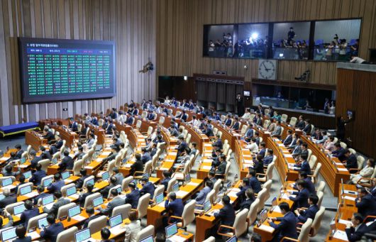 지난 3일 오후 서울 여의도 국회에서 열린 제426회국회(임시회) 제4차 본회의에서 '3%룰 보완·집중투표제 제외' 내용을 담은 상법 일부개정법률안(대안)이 재적 298인, 재석 272인, 찬성 220인, 반대 29인, 기권 23인으로 통과되고 있다. 뉴스1