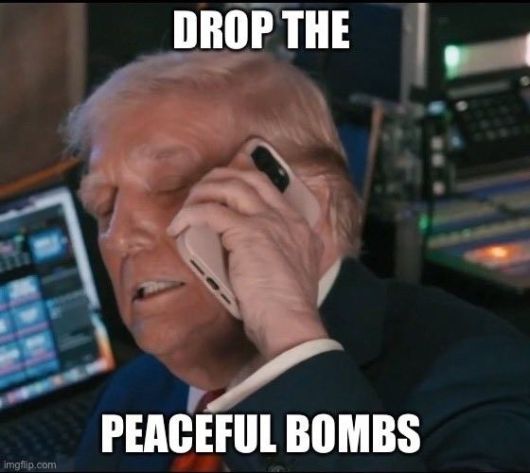 '평화의 폭탄을 투하하라(Drop the Peaceful Bombs)'는 문구가 적힌 패러디물. 출처=엑스(X)