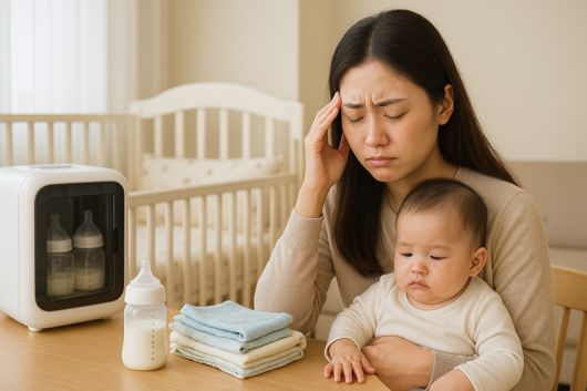 신생아 자녀를 키우는 사연자가 자신이 구매한 육아템을 남편의 친척동생에게 물려주라는 시어머니 얘기를 듣고 고민에 빠졌다는 온라인 사연을 AI 이미지로 생성. /사진=챗GPT