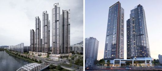 '르엘리버파크센텀(왼쪽)'과 '가야역롯데캐슬스카이엘' 투시도. 롯데건설 제공