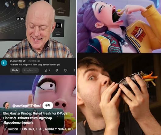 '케이팝 데몬 헌터스' 주인공의 김밥 먹방을 소개하며 김밥 만드는 방법을 틱톡과 유튜브를 통해 알려주는 모습. /사진=틱톡 'cookingWITHfred', 'Weebgast' 화면 캡처