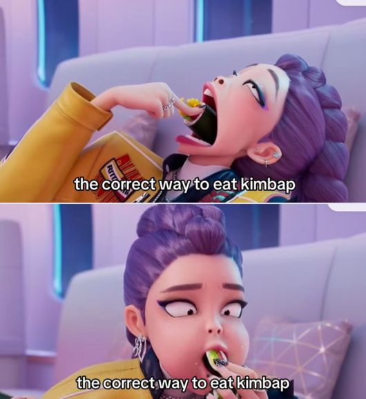 틱톡 이용자가 '김밥 한 입에 먹기' 챌린지를 보여주기 전 '케이팝 데몬 헌터스' 주인공의 김밥 먹방을 소개하며 올바르게 김밥 먹는 방법을 설명. /사진=넷플릭스, 인스타그램 'mas.a9_11_cos' 화면 캡처