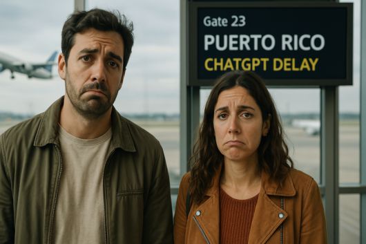 스페인 국적의 여행 인플루언서 커플이 챗GPT 정보만 믿다가 푸에르토리코행 비행기를 놓친 상황을 AI를 활용해 생성한 이미지. /사진=챗GPT