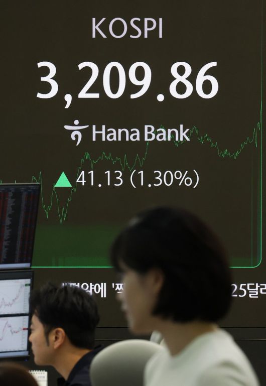 코스피가 전 거래일(3168.73)보다 41.13포인트(1.30%) 오른 3209.86에 거래를 마친 25일 오후 서울 중구 하나은행 본점 딜링룸에서 딜러들이 업무를 수행하고 있다. 사진=뉴시스