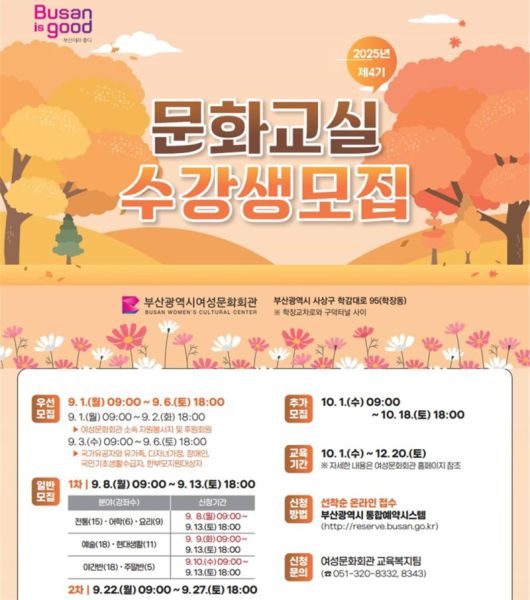 부산여성문화회관이 준비한 ‘2025년도 제4기 문화교실’ 수강생 모집 포스터. 부산시 제공