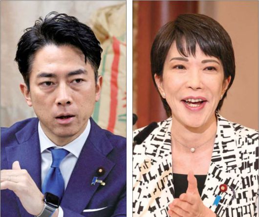 고이즈미 신지로 일본 농림수산상이 5월 29일 일본 도쿄에서 열린 비축미 시식회에서 연설하고 있다(왼쪽 사진). 사나에 다카이치 일본 경제안보담당상이 2024년 9월 14일 일본 도쿄에서 열린 토론회에서 연설하고 있다(오른쪽 사진). 두 사람은 차기 자민당 총재 유력 후보로 거론되고 있다. 이들은 일본 주요 언론 여론조사의 차기 총리 선호도 조사에서도 선두권을 형성해왔다. 로이터 연합뉴스
