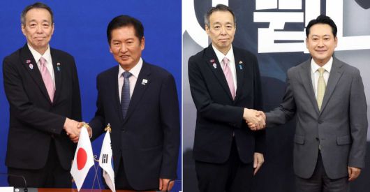 미즈시마 고이치 주한일본대사가 15일 서울 여의도 국회에서 정청래 더불어민주당 대표와 장동혁(오른쪽 사진) 국민의힘 대표를 예방하고 있다. 뉴시스