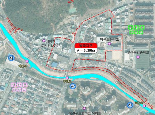 ‘2026 재해위험지역 정비사업’ 대상지로 최종 선정된 부산 기장군 정관읍 방곡지구 일대 위치도. 부산 기장군 제공