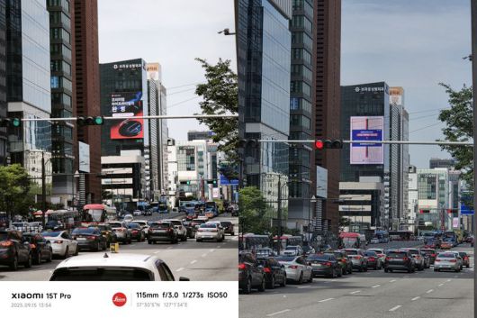 샤오미 15T 프로(왼쪽)와 갤럭시 S25+로 찍은 강남대로 모습. 사진=구자윤 기자