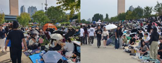 다음주 남해 공연까지 일주일도 남지 않아 불꽃축제를 보며 밴드 연습을 하기위해 김씨와 밴드 'entenbach' 동료들은 키보드, 베이스, 바이올린을 들고 한강공원을 찾았다. (오른쪽) 임군과 친구들은 가방과 양산 하나 없이 돗자리 하나만 들고 이날 오전 9시 전부터 공원의 가장 앞자리에 관람석을 마련했다. 사진=최승한 기자