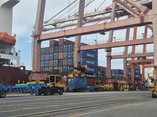 지난달 30일 부산북항 소재 신선대감만터미널(BPT)에서 안벽크레인이 작업을 하고 있다. BPT 제공