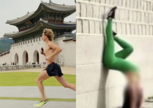 경복궁 인근에서 상의를 탈의하고 러닝한 외국인(왼쪽)과 요가를 하는 외국인 (사진= 서경덕 교수팀 제공) 2025.11.19. /사진=뉴시스                                  중국인으로 추정되는 남성이 경복궁에서 용변을 보는 모습 (사진=서경덕 교수팀 제공) 2025.11.13. /사진=뉴시스