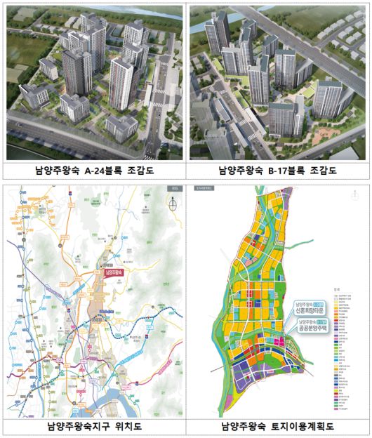 남양주왕숙지구 조감도, 토지이용계획도, 위치도(위부터 시계방향). 국토교통부·LH 제공