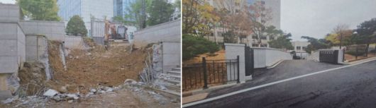 2022년 7월 말~8월 초 촬영된 것으로 추정되는 ‘대통령 집무실 동측 진입로 개선사업’ 공사 현장 사진(왼쪽)과 같은 해 11월 촬영된 것으로 보이는 ‘대통령 집무실 동측 진입로 개선사업’ 완공 사진. /사진=추미애 더불어민주당 의원실