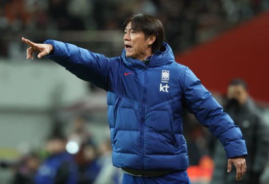 지난달 18일 오후 서울 마포구 서울월드컵경기장에서 열린 축구 국가대표팀 평가전 대한민국과 가나의 경기, 전반 한국 홍명보 감독이 작전을 지시하고 있다.뉴시스