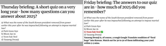 영국 일간 가디언이 지난 25일(현지시간) 뉴스레터 등을 통해 내놓은 28개의 연말 결산 퀴즈 중 9번 문제(왼쪽)와 하루 뒤 공개한 정답. /사진=가디언 홈페이지