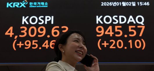 코스피가 전 거래일(4214.17) 보다 95.46p(2.27%) 오른 4309.63에 마감한 12일 오전 서울 영등포구 한국거래소 전광판에 지수가 표시 되고 있다. /사진=뉴시스