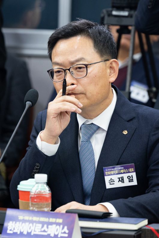 손재일 한화에어로스페이스 대표가 지난해 12월 15일 서울 여의도 국회 의원회관에서 열린 김민석 국무총리 초청 K-방산 리더스 포럼에 참석해 자리하고 있다. 뉴스1 제공                                  지난해 개발이 완료된 L-SAM의 가동 시뮬레이션. 한화에어로스페이스 제공