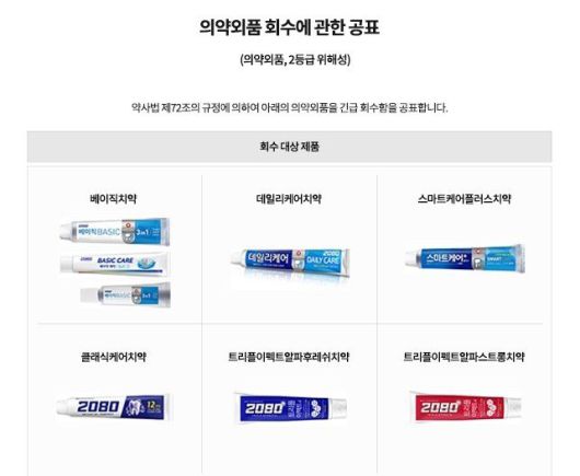 애경산업은 보존제 성분이 미량 혼입된 치약 6종을 두고 자발적 회수를 하겠다고 6일 밝혔다. 이는 해당 치약 6종에서 보존제 성분인 트리클로산이 미량 혼입된 사실이 확인된 데 따른 것이다. 사진은 자발적 회수 대상 품목 이미지. (사진=애경산업 누리집 갈무리) 2026.01.06. /사진=뉴시스