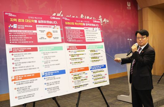 김형수 울산시 AI수도추진본부장이 7일 울산시청 프레스센터에서 2026년 연두 언론 브리핑을 통해 올해 주요 추진사업 및 정책에 대해 설명하고 있다