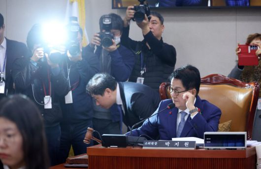 12일 국회에서 열린 법제사법위원회 안건조정위원회에서 박지원 소위원장이 의사봉을 두드리고 있다. 연합뉴스