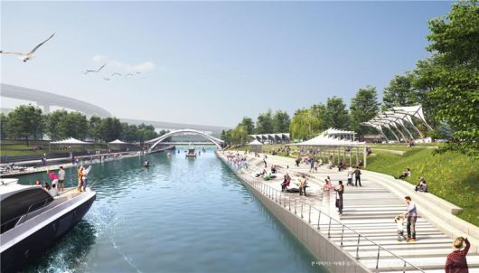 인천 송도국제도시의 핵심 사업인 ‘송도 워터프런트 1-2단계 공사’가 원활히 추진돼 연내 시민들을 위한 수변공간과 물길이 가시화된다. 사진은 송도 워터프런트 북측 연결수로 조감도. 인천경제청 제공.