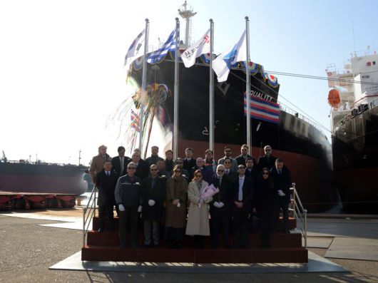 14일 진해 케이조선에서 5만t급 석유화학제품운반선에 대한 명명식이 진행되고 있다. 케이조선 제공