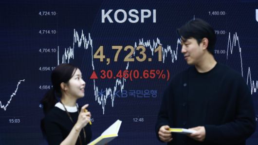 코스피지수가 14일 30.46p(0.65%) 오른 4723.10에 거래를 마감하며 사상 처음으로 4700선을 돌파했다. 이날 서울 여의도 KB국민은행 딜링룸 전광판에 코스피지수가 4700선을 돌파한 모습이 표시돼 있다./사진=KB국민은행