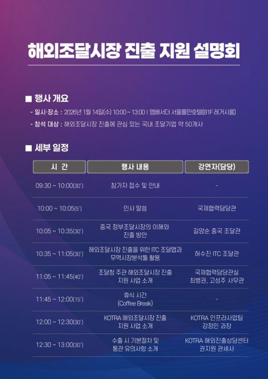 조달청의 올해 해외조달시장 진출 지원 사업설명회 포스터