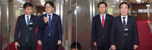 한병도 더불어민주당 원내대표와 송언석 국민의힘 원내대표가 15일 국회에서 국회의장 주재 여야 원내대표 회동을 마치고 각각 취재진의 질문에 답변하고 있다. 뉴시스