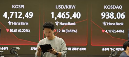 15일 오전 서울 중구 하나은행 딜링룸에서 딜러들이 업무를 하고 있다. 코스피는 전 거래일(4723.10)보다 12.82포인트(0.27%) 하락한 4710.28에 개장했고 코스닥 지수는 전 거래일(942.18)보다 1.52포인트(0.16%) 내린 940.66에 거래를 시작했다. 사진=뉴시스